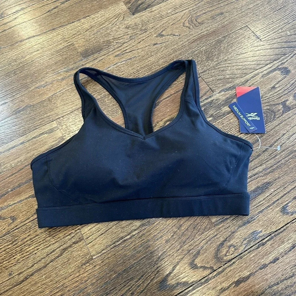REEBOK MATCH BRA BLACK /BLACK MESH REW211BR02006 Large MSRP $40 NEW P0442
